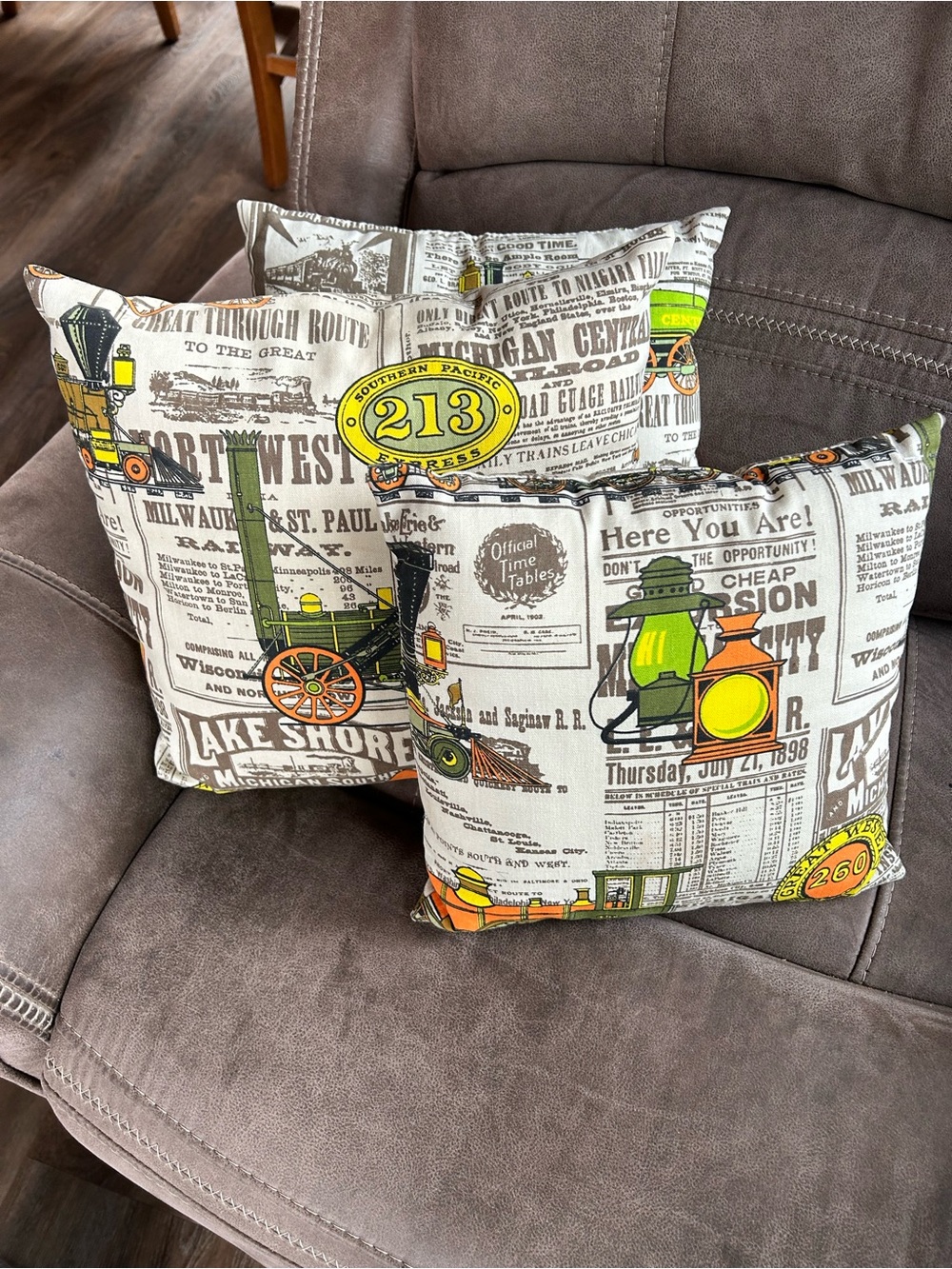 Vintage Newsprint Train Accent Throw Pillows -set of 3 in Green & Orange
